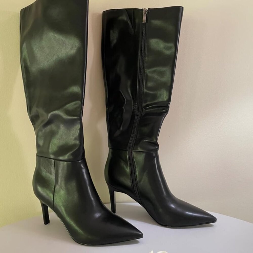 🆕Women Black Faux Leather Pointed Toe Tall  Stiletto Heel Zipper Dress Boots